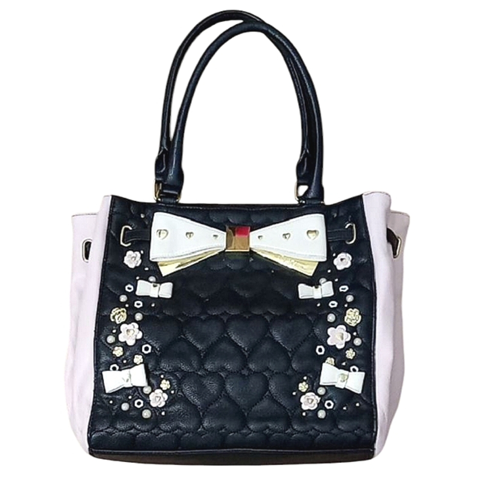 Betsey Johnson Tote Bag Pink Black Quilted Heart Beaded Studded Bowties Pearls